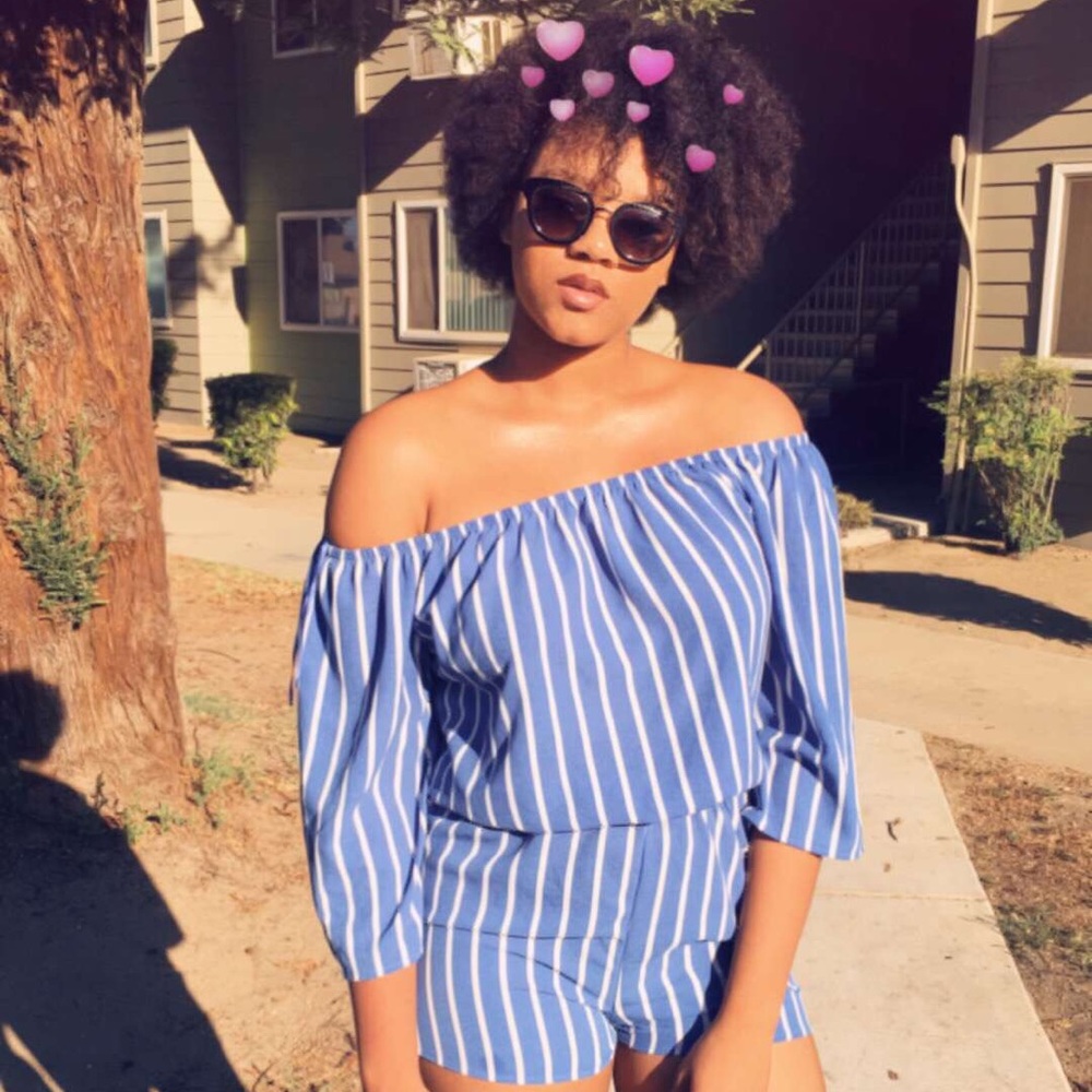 Blue and white striped romper